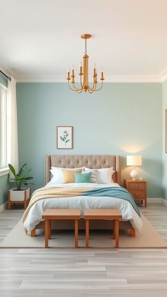 A cozy bedroom with light blue walls, a beige upholstered bed, and warm wooden furniture.