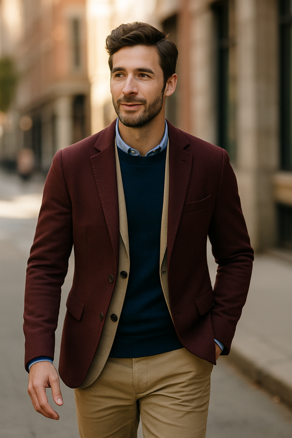 A man wearing a burgundy blazer, navy sweater, and khaki pants, walking down a city street.