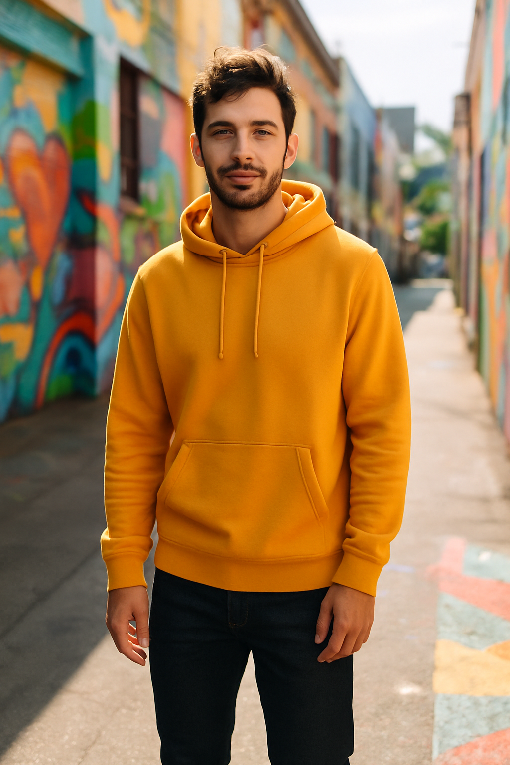 A man wearing a bright yellow hoodie and dark jeans standing in a colorful alley.