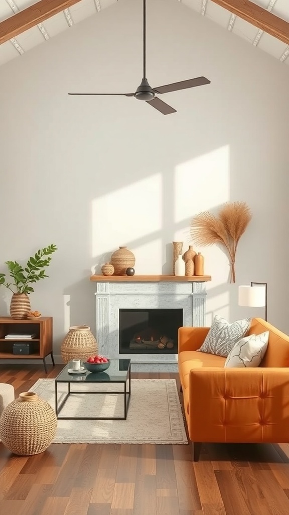 A cozy rustic living room featuring an orange couch, wooden flooring, and natural decor elements.