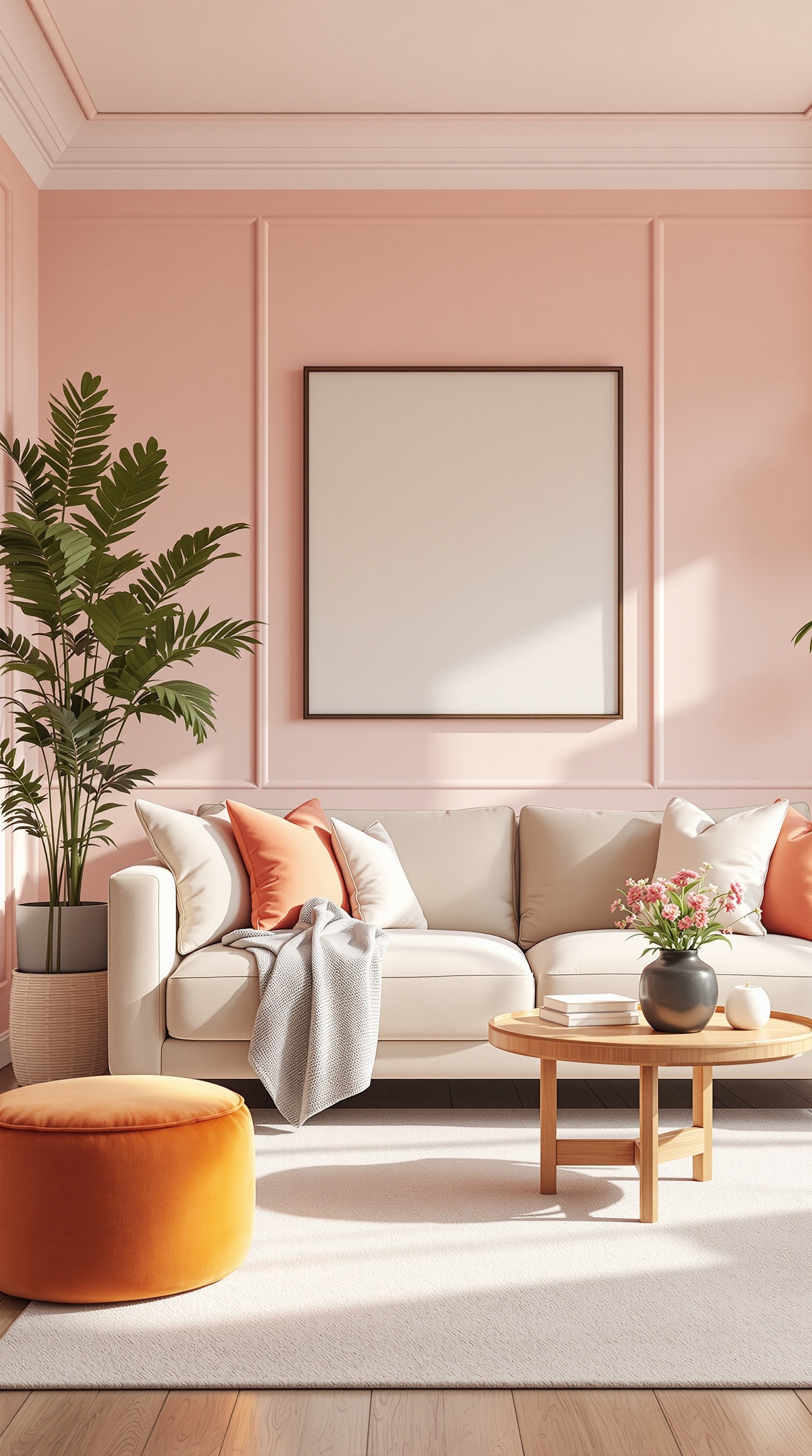 A cozy family living room with soft pink walls, a beige sofa, vibrant orange pillows, and a green plant.