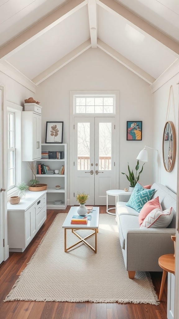 Cozy tiny house living room with light colors and colorful accents