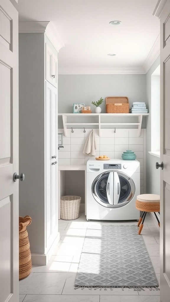 A bright and functional mud room laundry room combo with light gray walls, white appliances, and colorful accessories.
