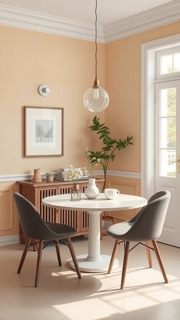 A small dining area featuring a round table, two chairs, and warm peach walls.