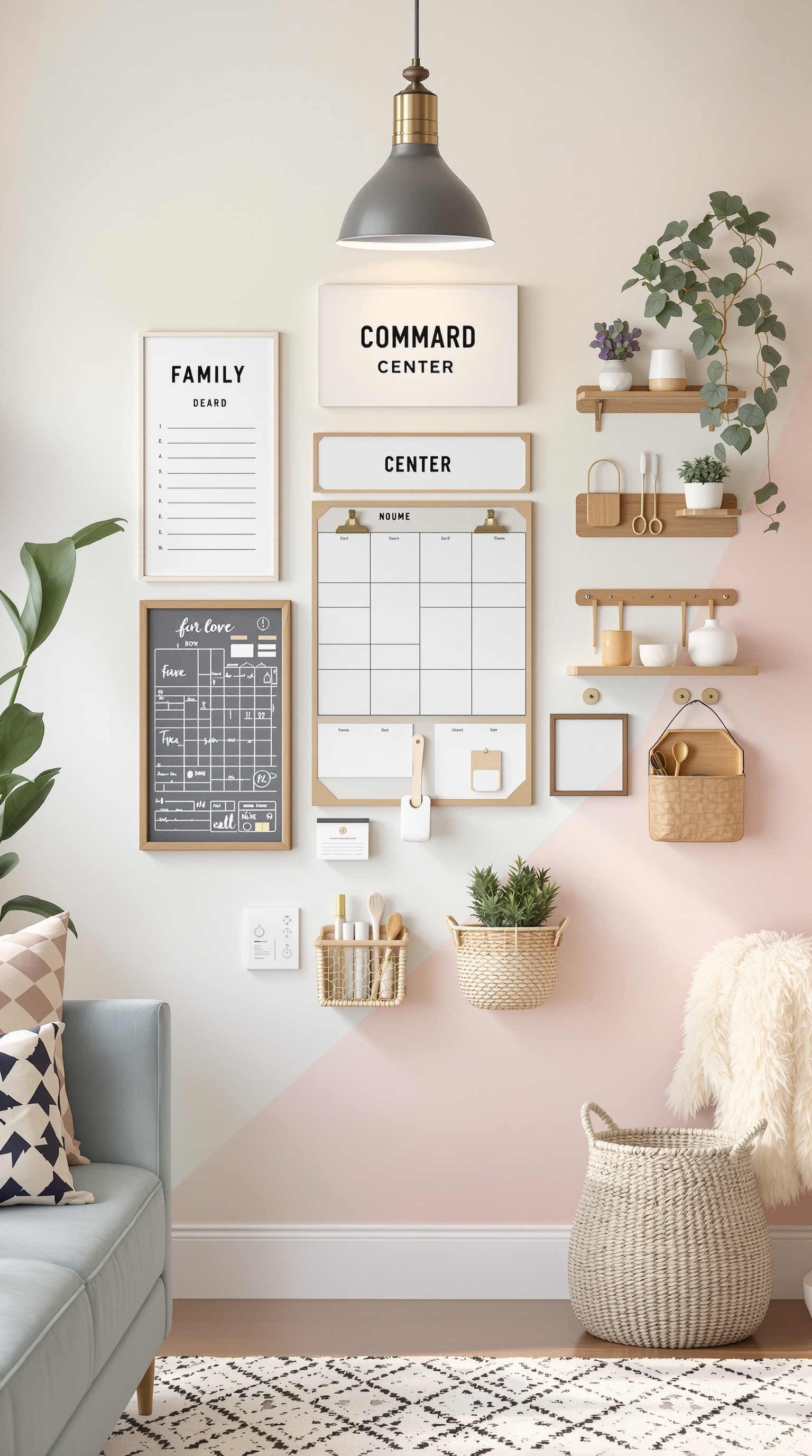 A family command center wall featuring a mix of white and pastel pink colors, wooden shelves, and organizational tools.