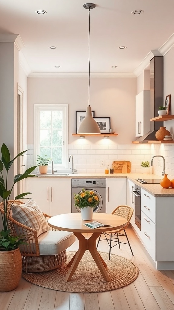 A small apartment kitchen with light colors, a round wooden table, and plants.
