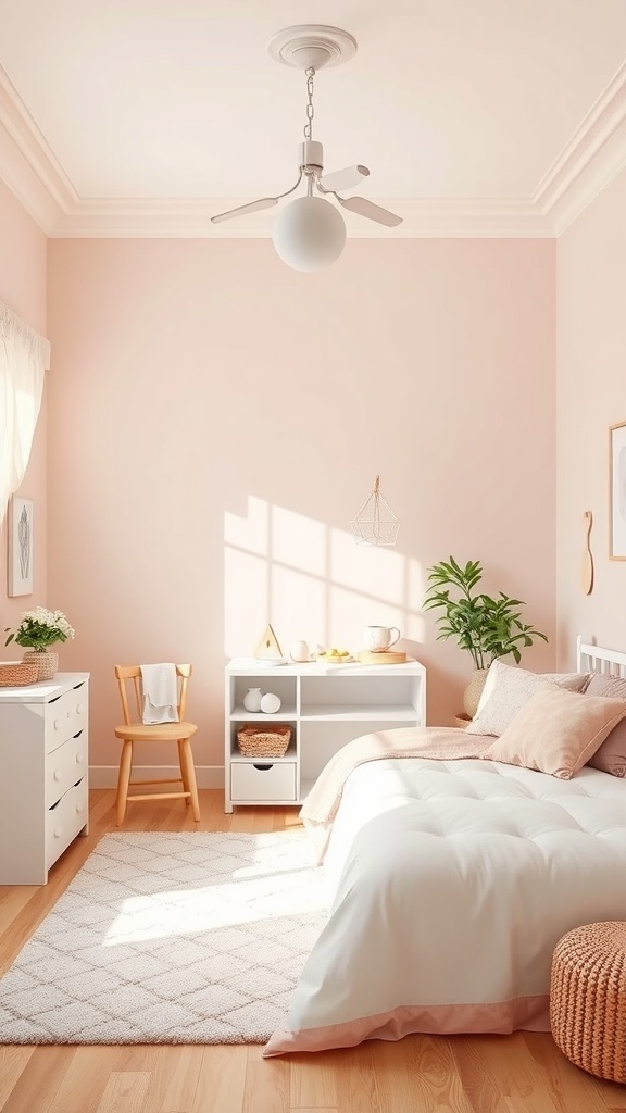 A small shared kids bedroom with soft pink walls, white furniture, and a cozy atmosphere.