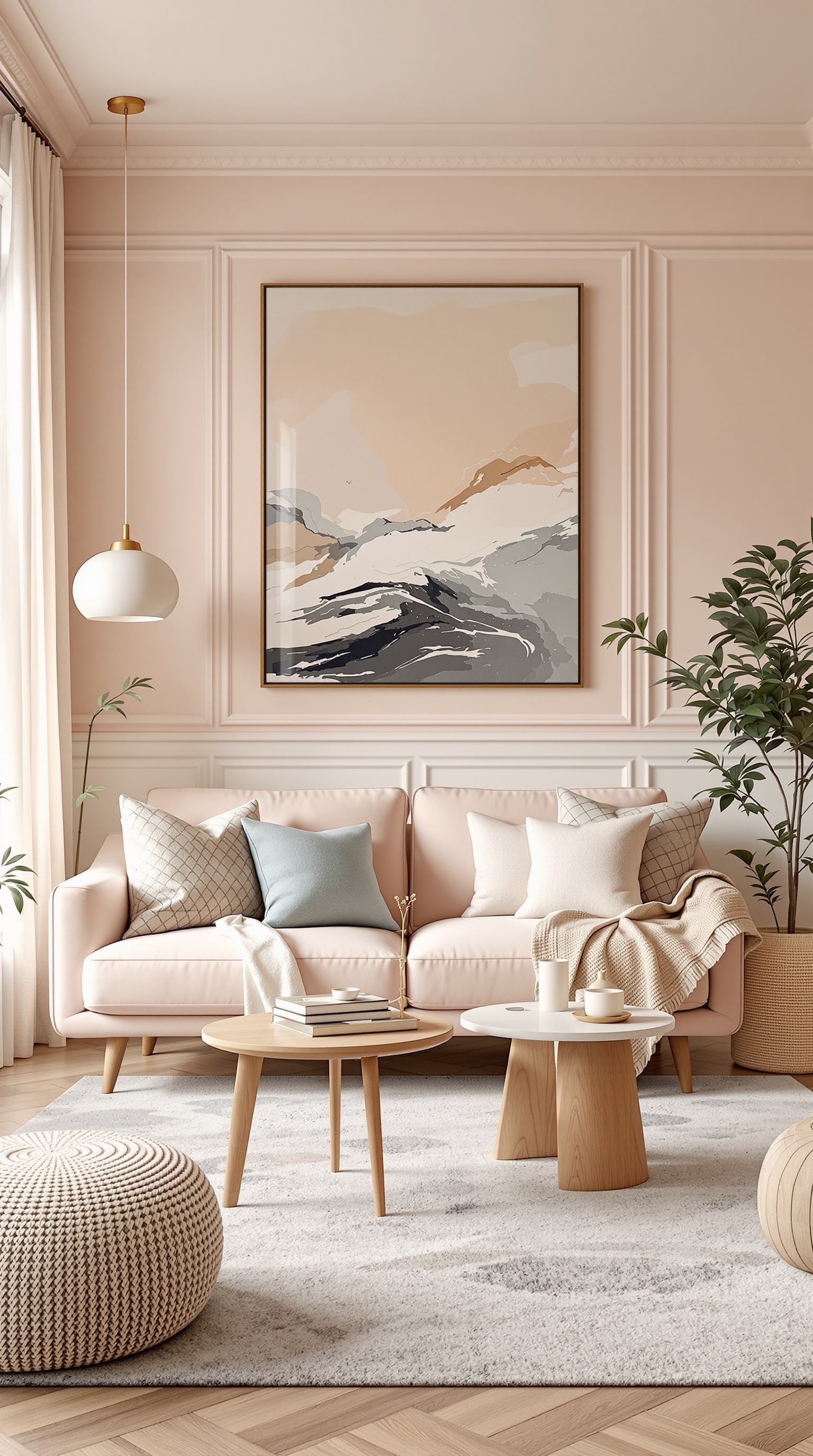 A cozy family room with a light pink sofa, pastel pillows, and soft lighting.