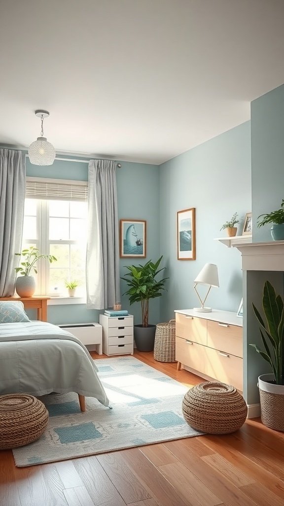 Cozy dorm room with light blue walls, wooden furniture, plants, and soft textiles.