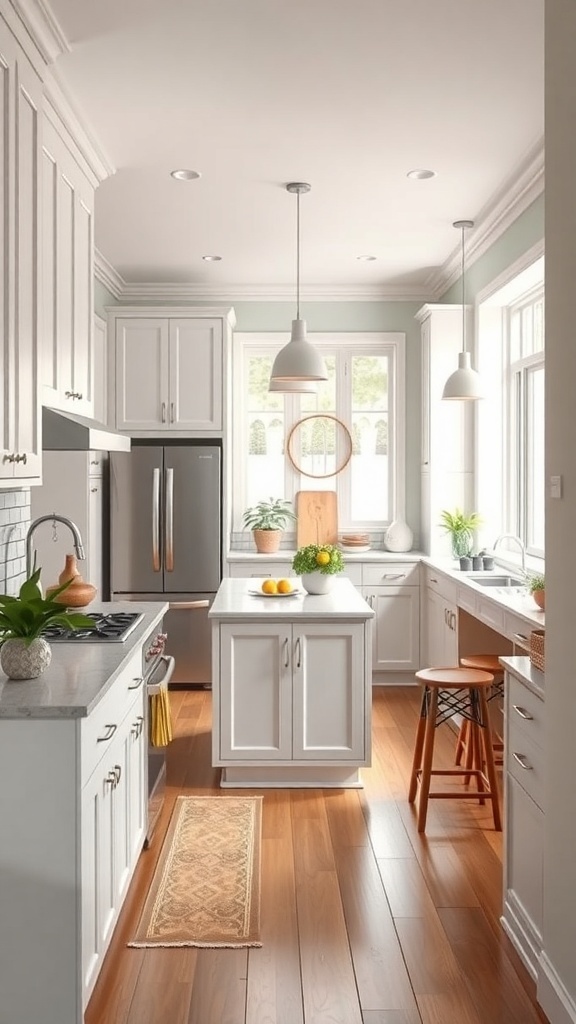 A galley kitchen with white cabinetry, a central island, and natural wood elements