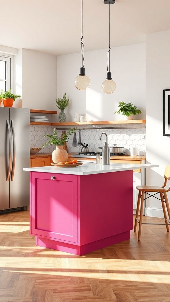 A small kitchen with a vibrant pink island, light wood shelves, and modern pendant lights.
