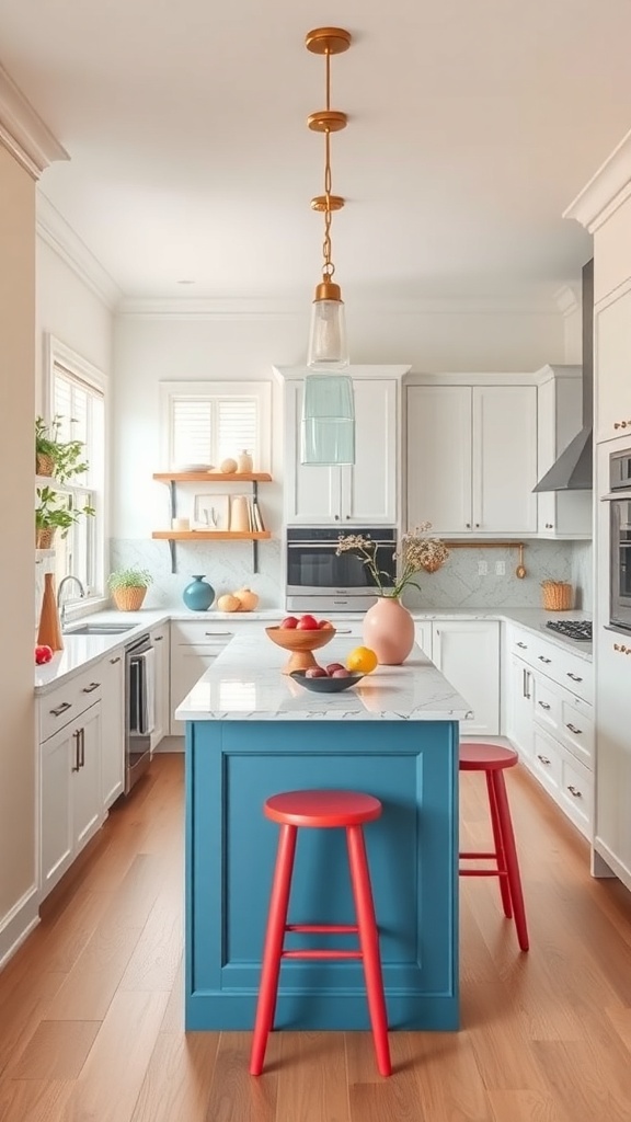 A modern narrow kitchen island featuring a blue base, red stools, and a light countertop with fresh fruits.