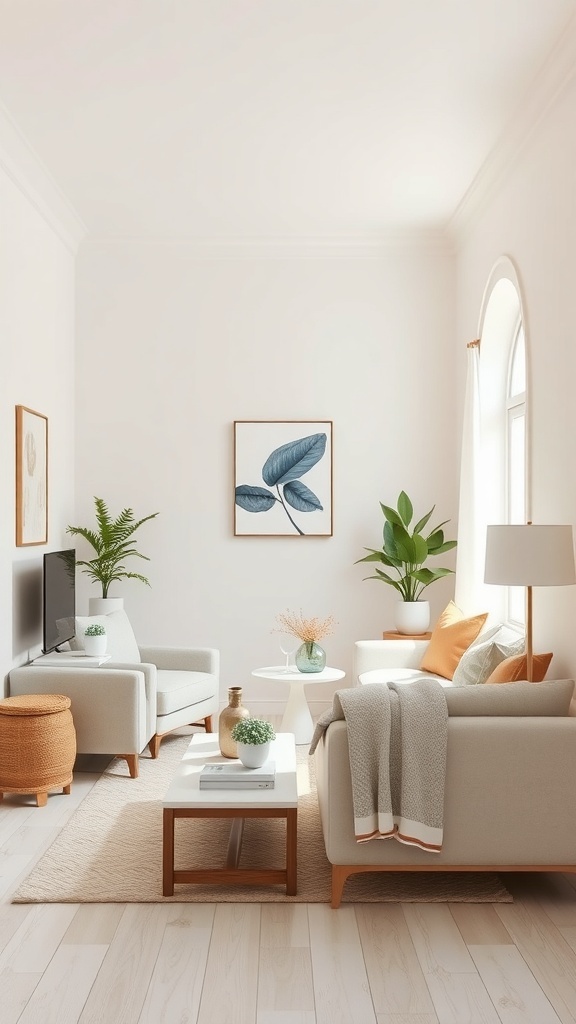 A narrow living room with light walls, soft furniture, and plants, showcasing a spacious and inviting atmosphere.