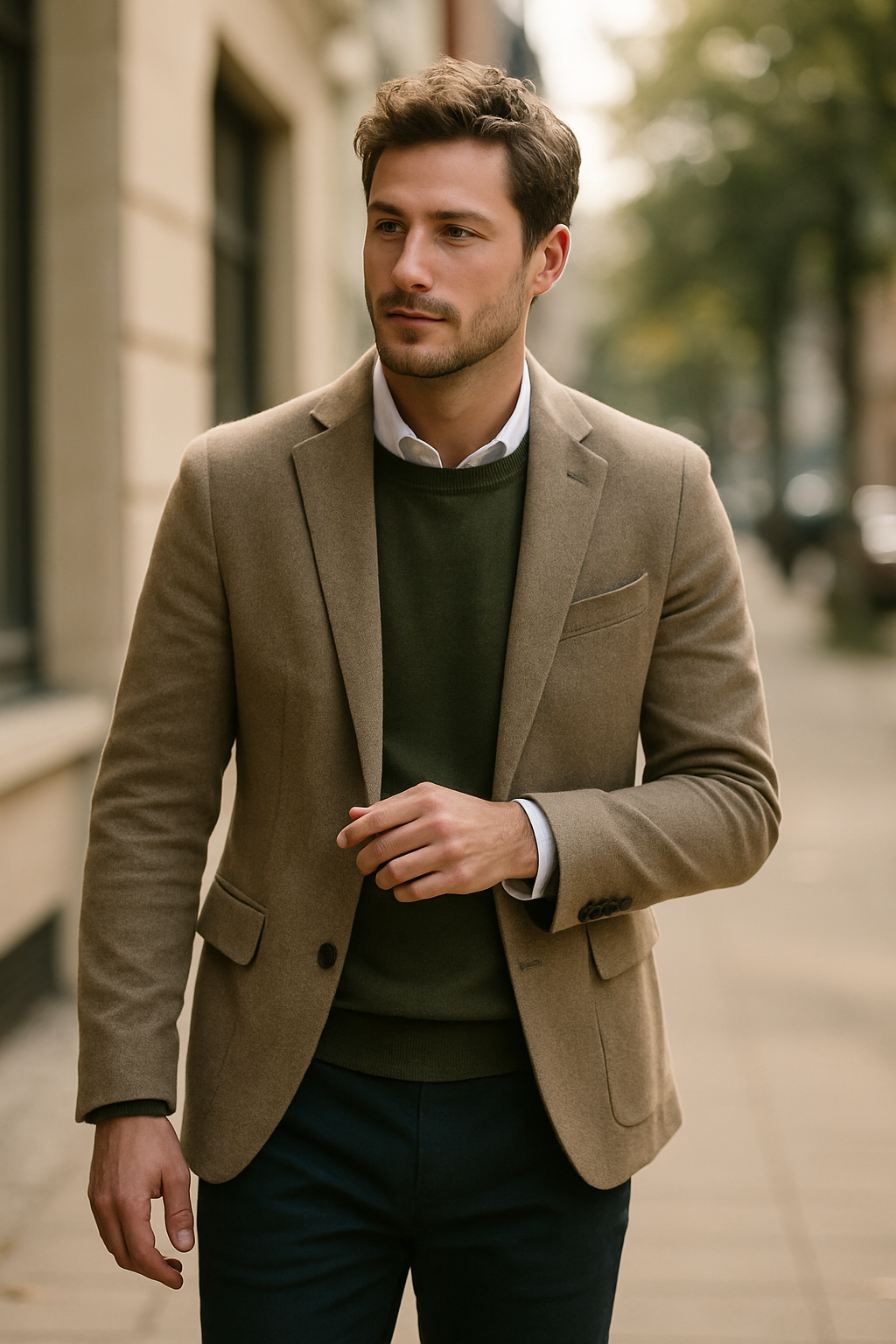 A stylishly dressed man in a light cardigan over a linen shirt, reflecting color trends.