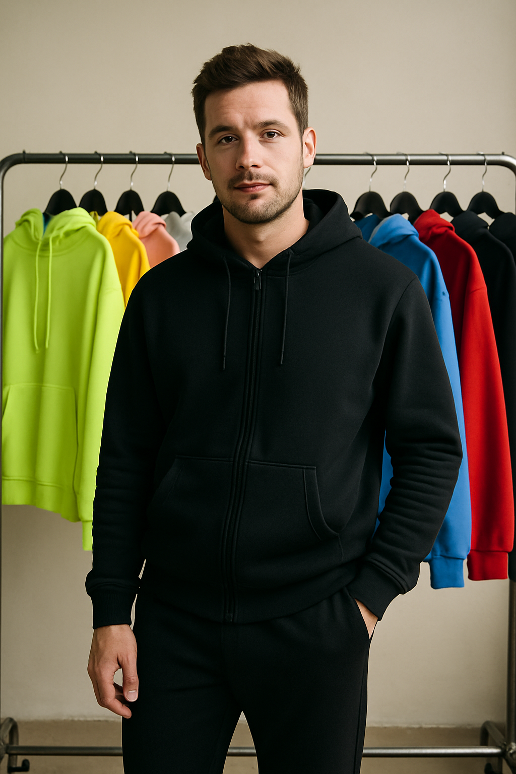 A man in a black track suit stands in front of a rack of colorful hoodies.