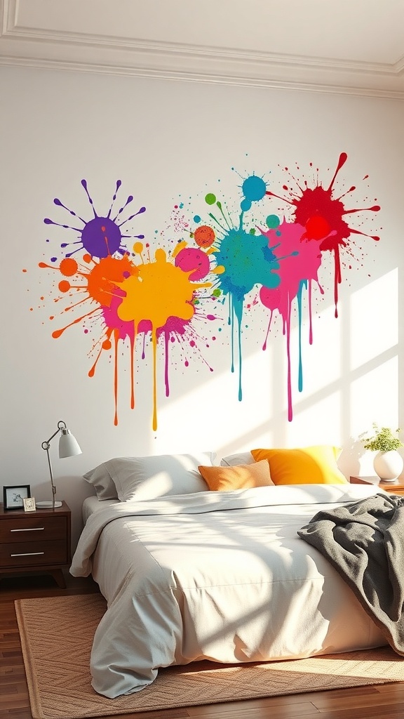 Colorful abstract paint splashes on a wall above a bed