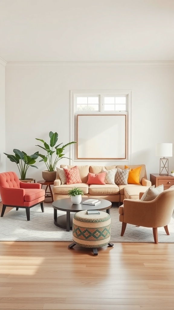 A living room featuring a light brown couch and colorful accent chairs in red and coral.