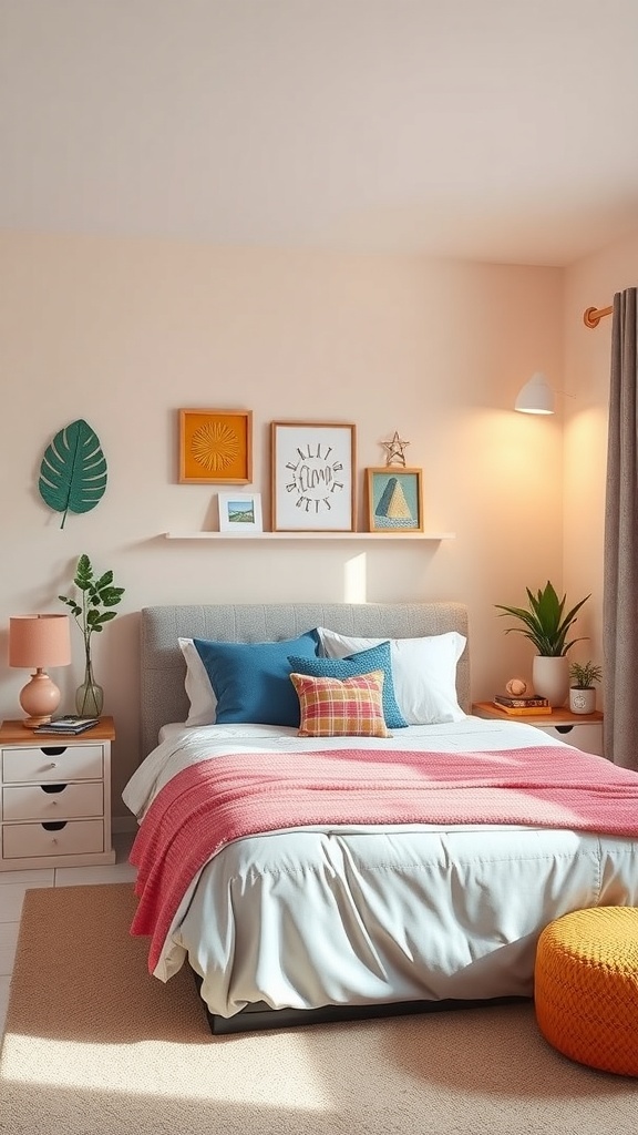 A simple teen bedroom featuring a bed with colorful pillows and a pink throw blanket, framed artwork on the wall, and a cozy atmosphere.