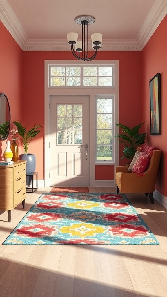 A colorful accent rug in a foyer with coral walls and a welcoming atmosphere.