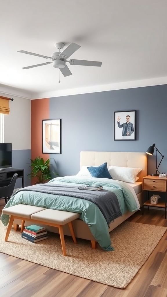 A modern teen girl bedroom with colorful accent walls in blue and terracotta.
