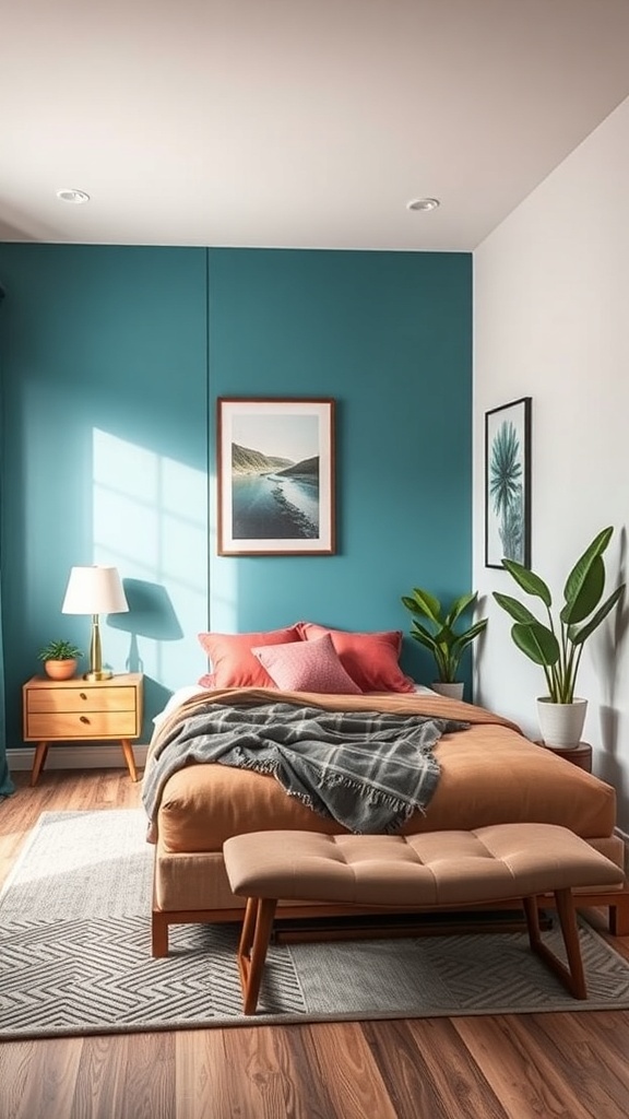 A cozy bedroom featuring a teal accent wall, a bed with colorful pillows, and a small seating area.
