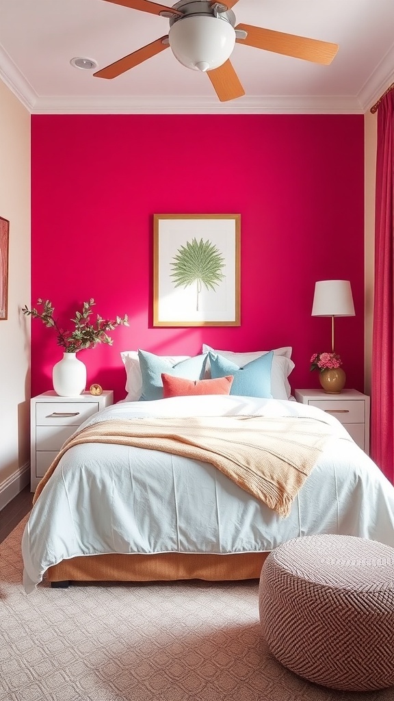 A small guest bedroom featuring a vibrant pink accent wall, light bedding, and colorful pillows.