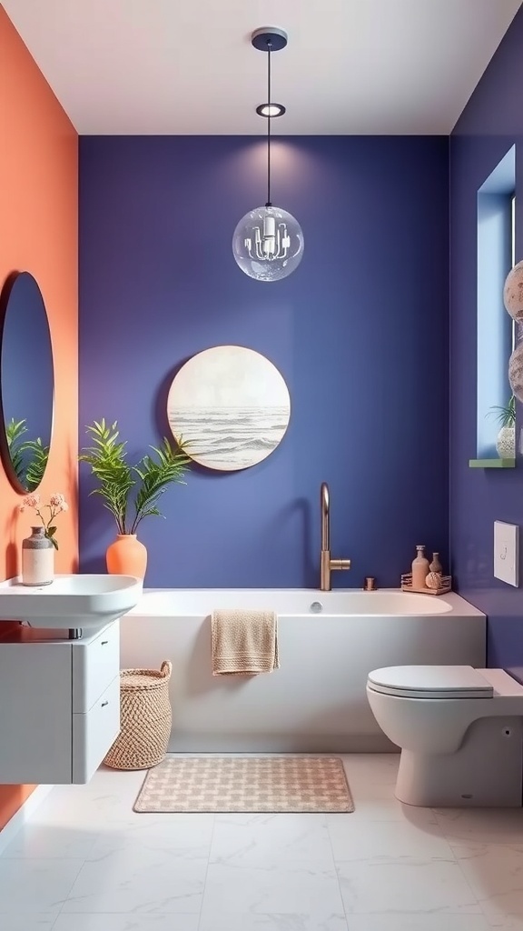 A modern bathroom featuring colorful accent walls in blue and orange, with a bathtub, sink, and decorative plants.