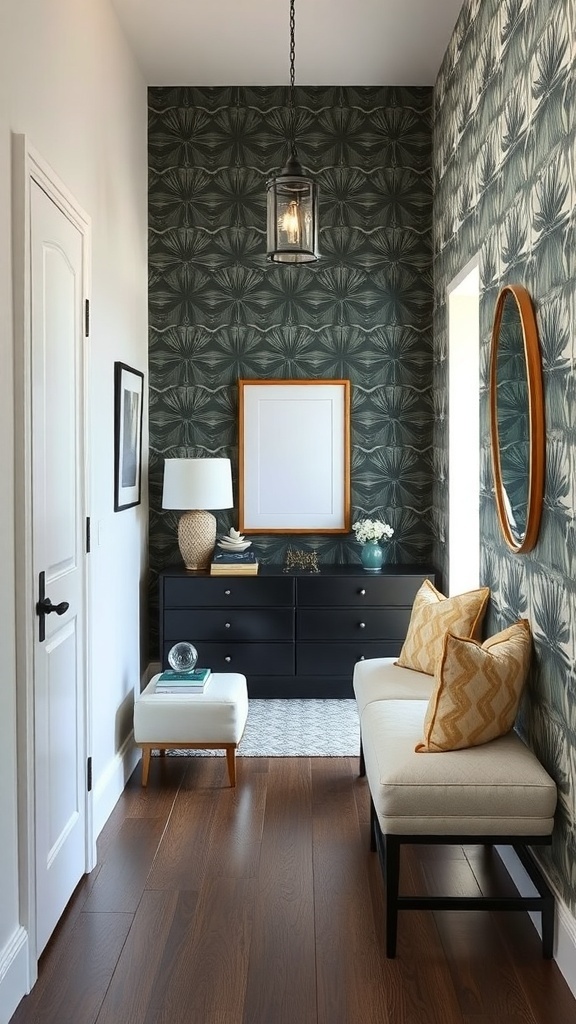 A small foyer featuring a colorful accent wall with leafy wallpaper, a black dresser, a light bench, and decorative accessories.