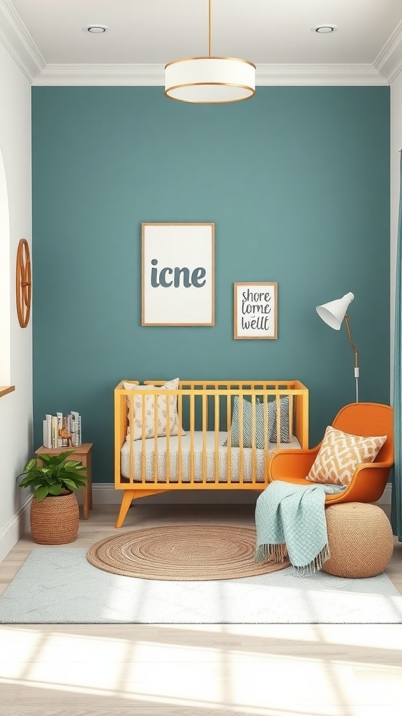 A nursery with a teal accent wall, yellow crib, orange chair, and decorative elements.