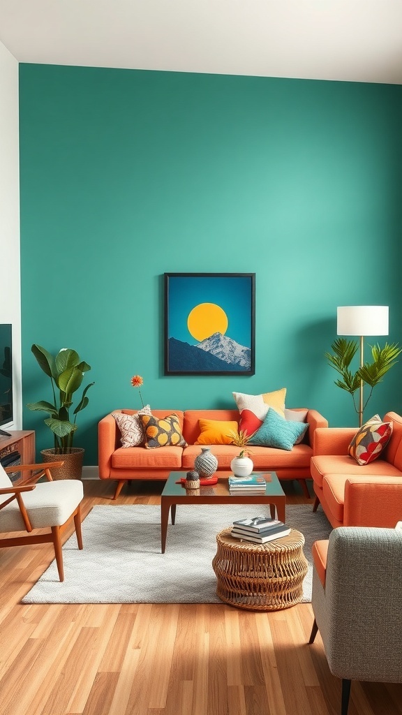 Cozy mid-century modern living room with teal accent wall and orange sofas