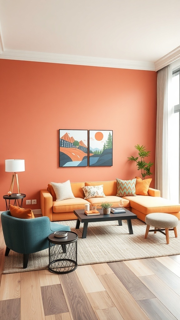 Cozy living room with an orange accent wall, orange couch, blue chair, and nature-themed artwork.