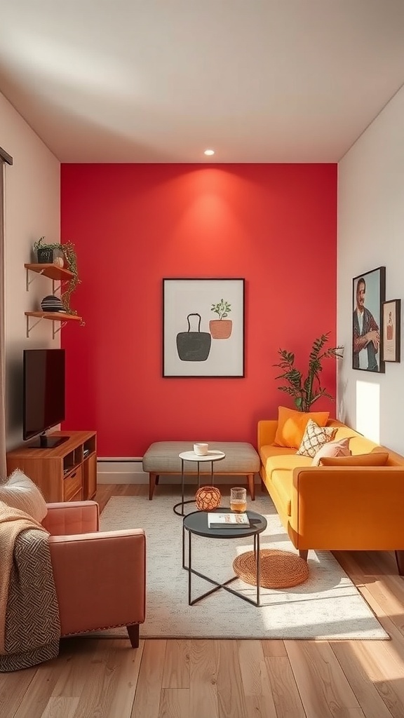 A cozy studio apartment with a red accent wall, orange sofa, and pink chair, showcasing a vibrant and inviting living space.