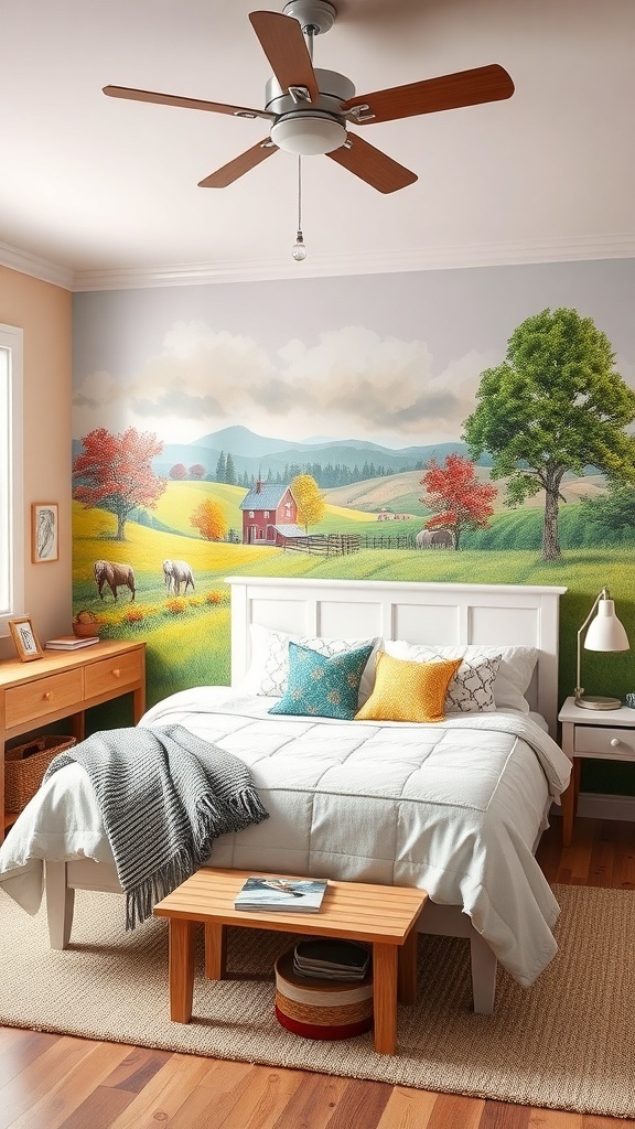 A cozy teen bedroom featuring a colorful mural of a countryside landscape with a farmhouse and horses.