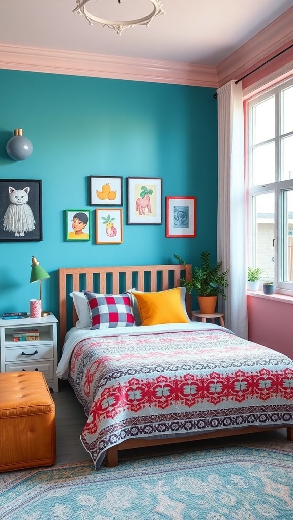 A colorful teen bedroom featuring a turquoise accent wall with framed artwork, a patterned bedspread, and bright pillows.