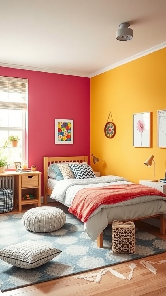 A colorful teen bedroom with pink and yellow accent walls, a bed with a gray and red blanket, and decorative pillows on the floor.