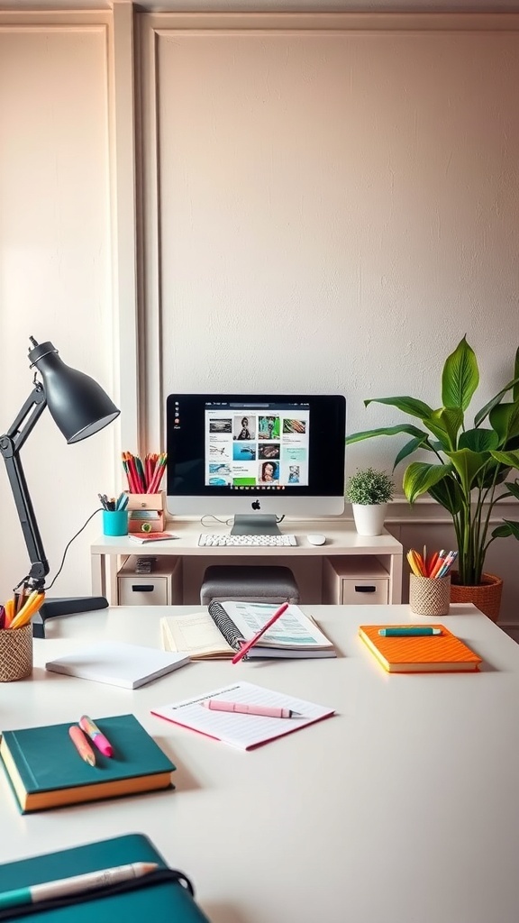 A small desk setup featuring colorful stationery, a sleek desk lamp, and a plant, creating an inviting workspace.