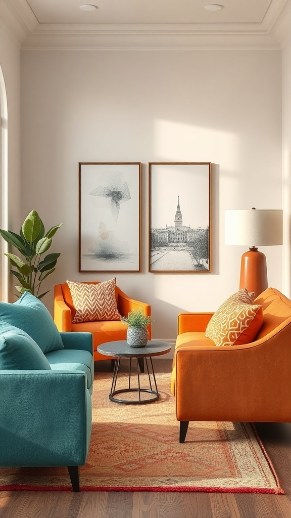 A cozy living room featuring colorful sofas, patterned cushions, and wall art.