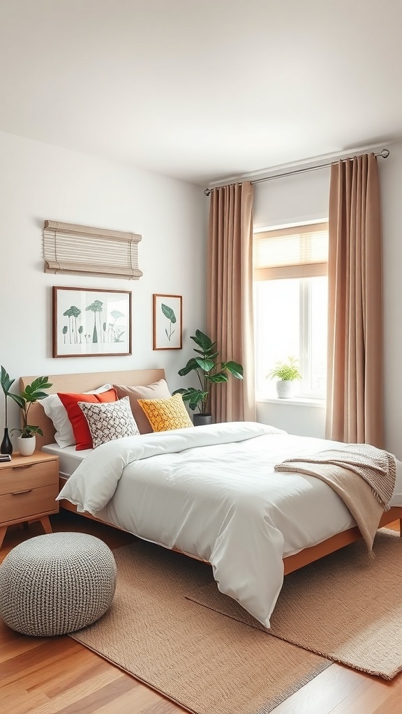 A minimalist teen bedroom featuring colorful accents with a bed, throw pillows, and plants.