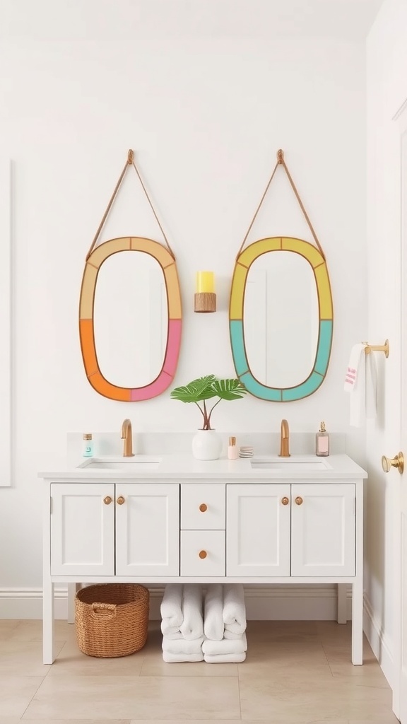 Vibrant bathroom mirrors above a double sink with colorful accents