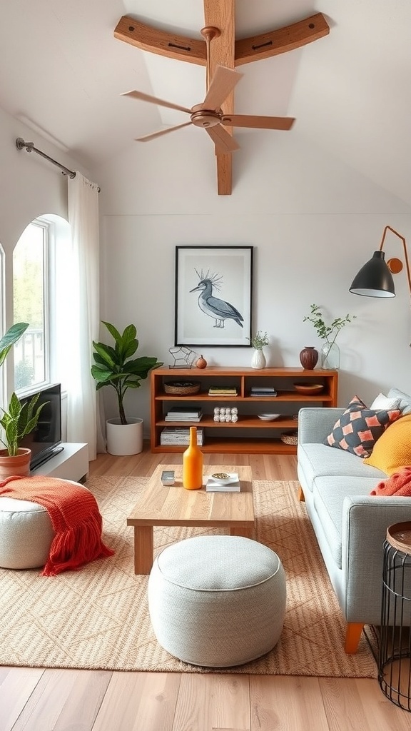 Cozy living area in a tiny house with a gray sofa, colorful throw pillows, wooden furniture, and a potted plant.