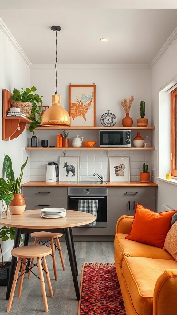 A small kitchen featuring colorful accents, including an orange sofa, plants, and decorative items on shelves.