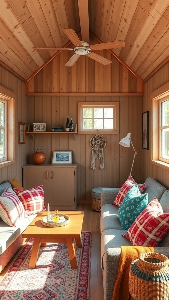 Cozy tiny cabin interior with colorful pillows and wooden accents