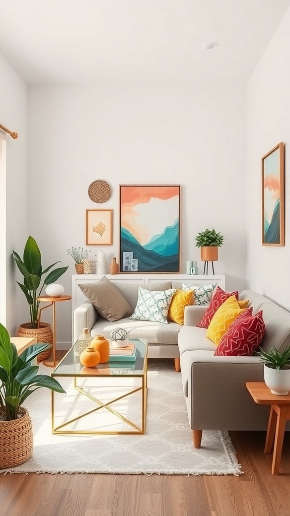 A cozy living room with colorful pillows, plants, and vibrant artwork.