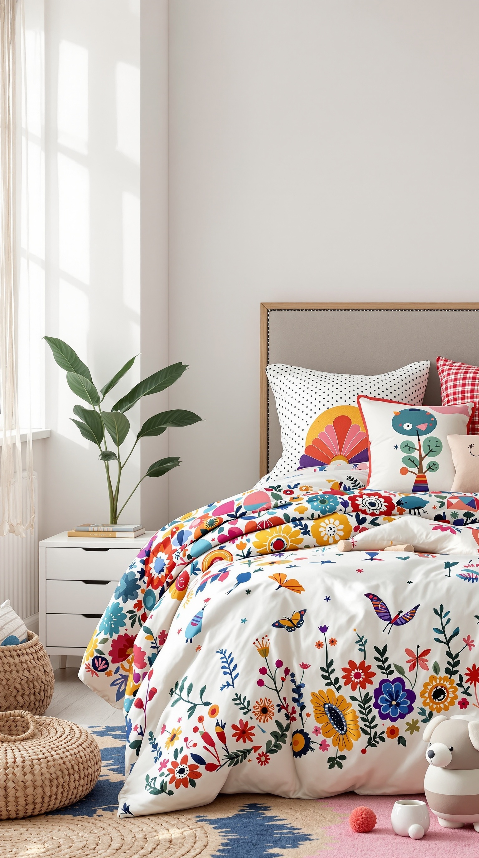 Colorful boho bedding in a kids room with floral patterns and playful pillows