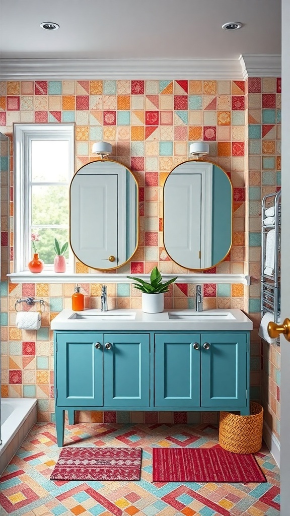 A colorful dual sink bathroom with turquoise cabinetry, vibrant patterned walls, and stylish oval mirrors.