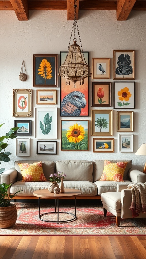 A cozy living room with colorful artwork on the walls, featuring various framed pieces and rustic decor.