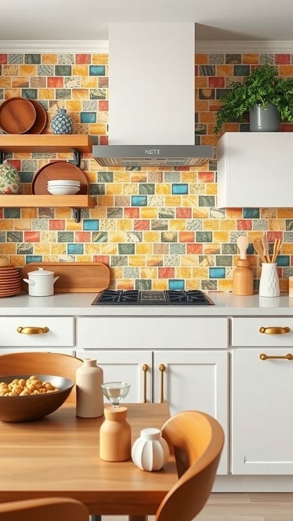 Colorful kitchen backsplash with vibrant tiles in yellow, blue, and red.