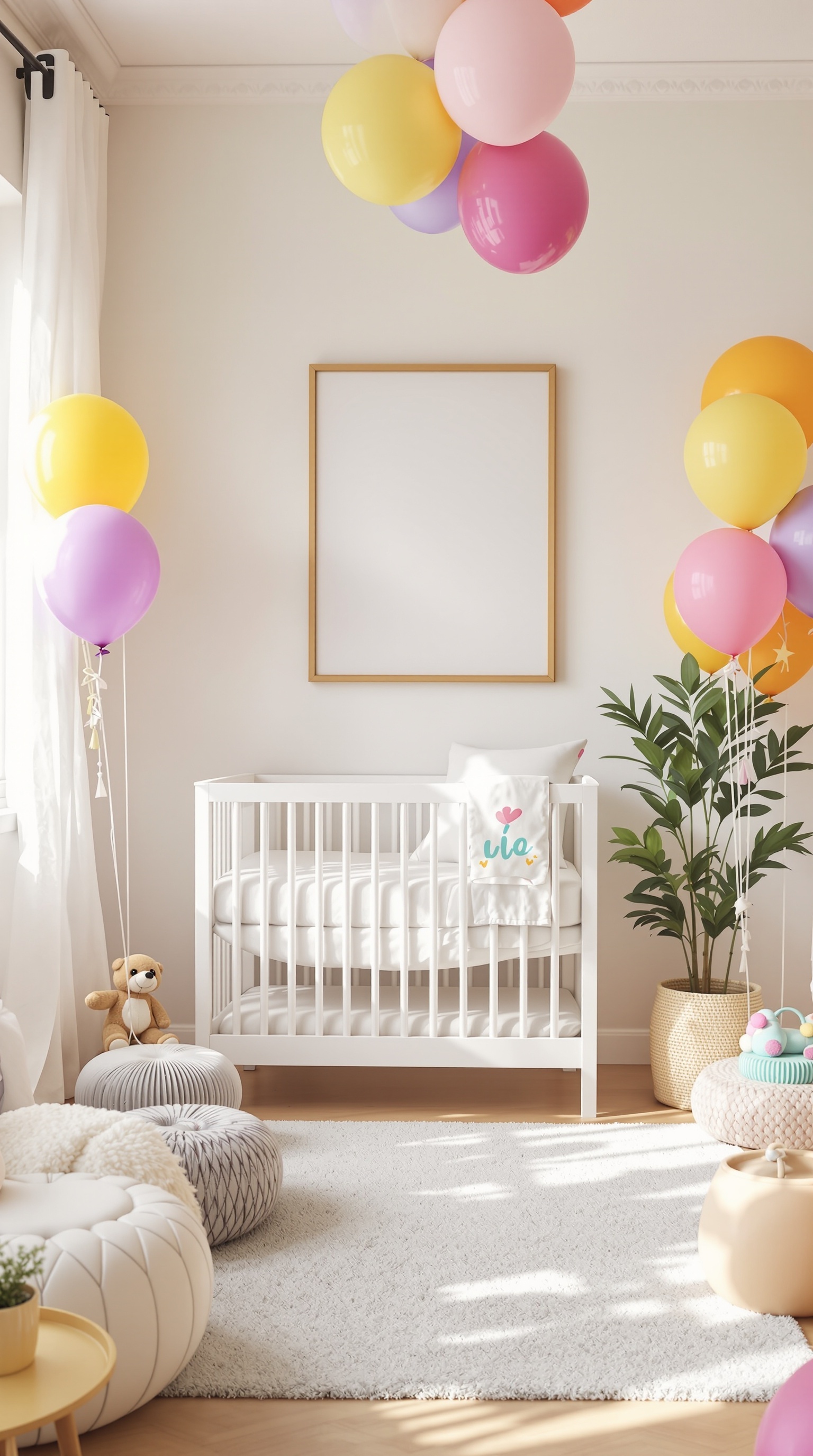 A baby boy's room with colorful balloons, a crib, and playful decor.