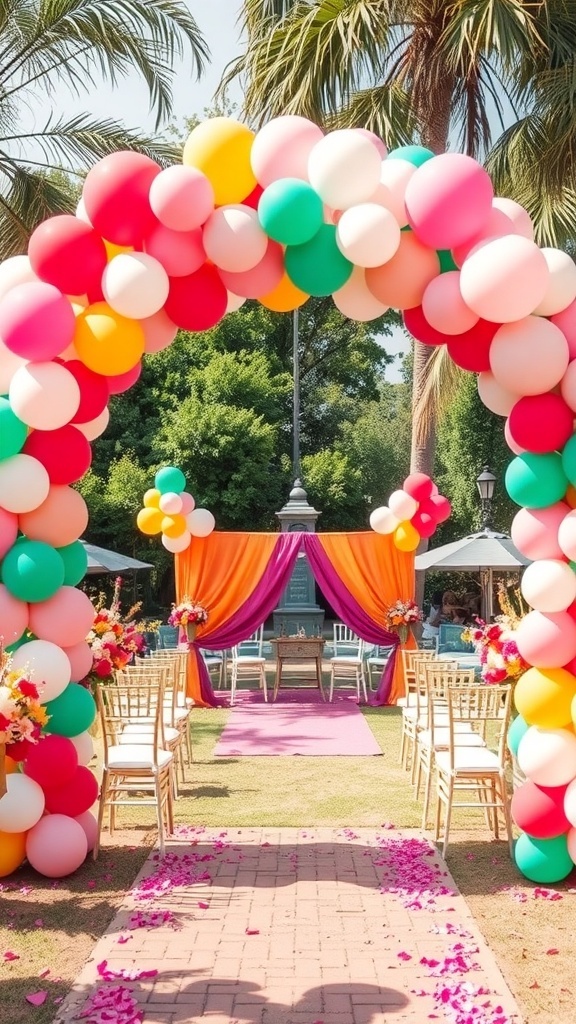 Colorful balloon arch at an outdoor bridal shower with floral decorations and a vibrant backdrop.