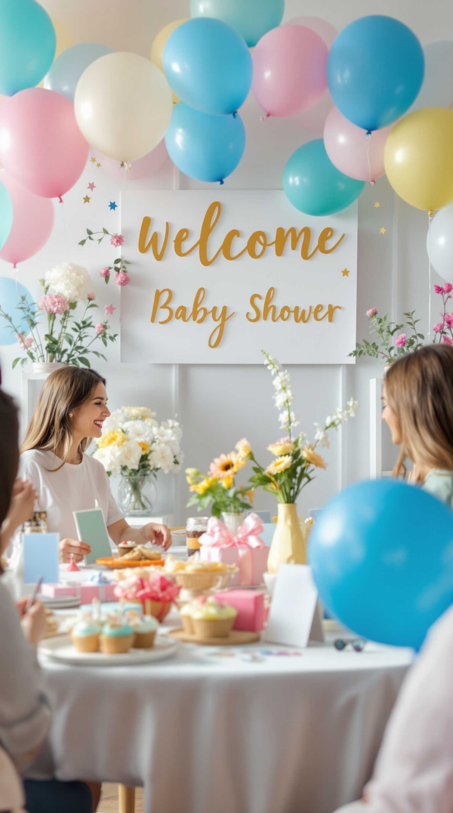A colorful balloon welcome sign at a baby shower, featuring balloons in pink, blue, and cream with a golden welcome sign.